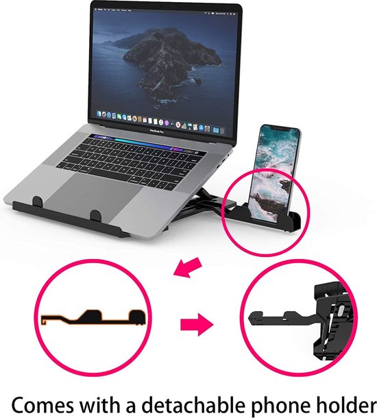 Laptopstandaard – Ergonomisch met Telefoonhouder – Verstelbaar & 360° Draaibaar – Tablet Houder – N2 – Zwart-Notebookstandaard-Ilumina Benelux