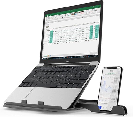 Laptopstandaard – Ergonomisch met Telefoonhouder – Verstelbaar & 360° Draaibaar – Tablet Houder – N2 – Zwart-Notebookstandaard-Ilumina Benelux