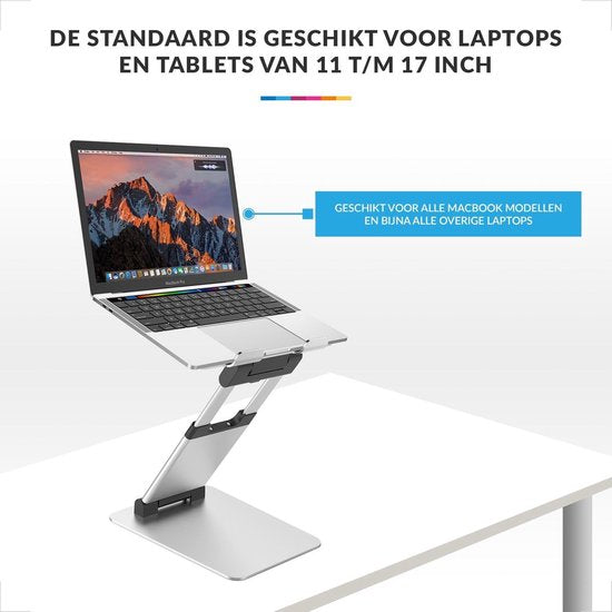 Laptopstandaard – Ergonomische Verhoger – Inklapbaar & Verstelbaar – Aluminium MacBook Houder – Zilver-Notebookstandaard-Ilumina Benelux