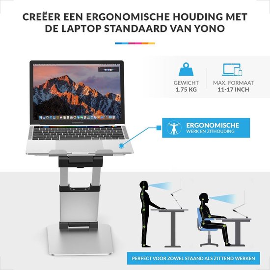Laptopstandaard – Ergonomische Verhoger – Inklapbaar & Verstelbaar – Aluminium MacBook Houder – Zilver-Notebookstandaard-Ilumina Benelux