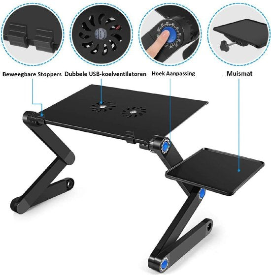 Laptopstandaard – Verstelbare laptoptafel met USB ventilatie – Laptophouder met muismat – Opvouwbaar – Zwart-Notebookstandaard-Ilumina Benelux