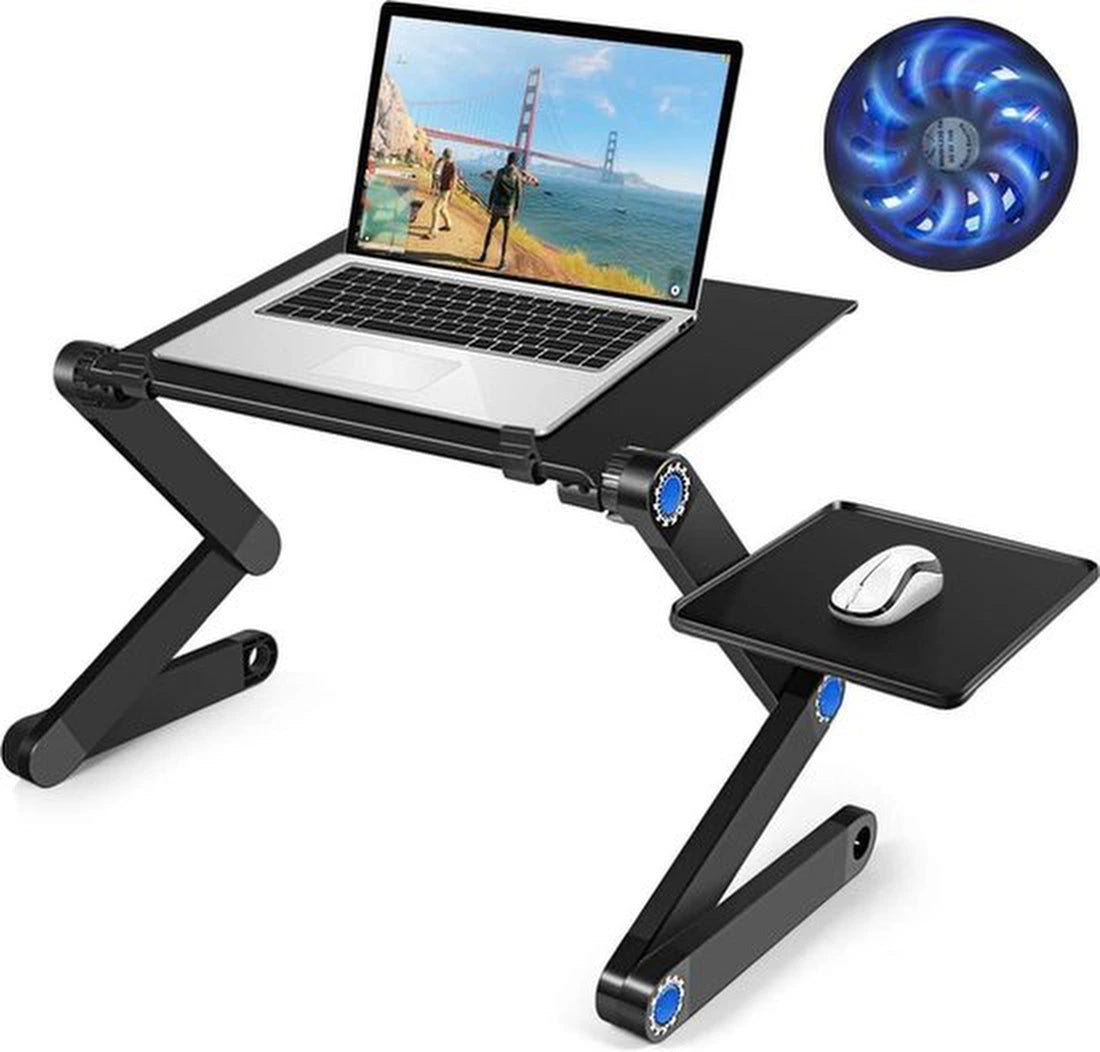 Laptopstandaard – Verstelbare laptoptafel met USB ventilatie – Laptophouder met muismat – Opvouwbaar – Zwart-Notebookstandaard-Ilumina Benelux
