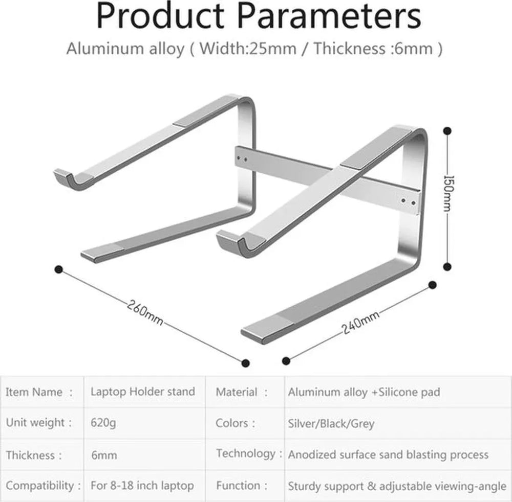 Laptopstandaard bureau – Aluminium laptop verhoger – Geschikt voor 10-18 inch – Ergonomisch – Zilver-Notebookstandaard-Ilumina Benelux