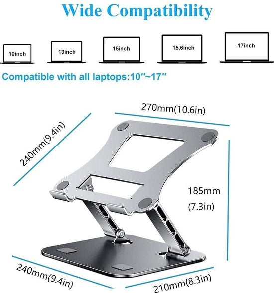 Laptopstandaard bureau – Aluminium opvouwbaar – Verstelbaar – 9,7-17 inch – Zilver-Notebookstandaard-Ilumina Benelux