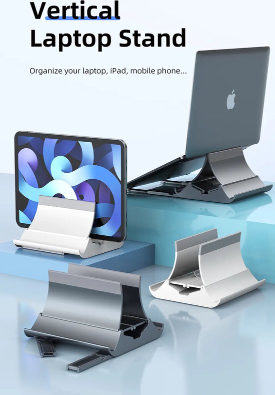 Laptopstandaard verticaal – Desktop organizer – Geschikt voor MacBook laptop iPad tablet tot 17,3 inch – Aluminium – Zilver-Notebookstandaard-Ilumina Benelux