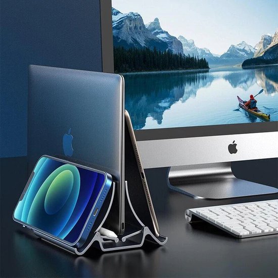 Laptopstandaard verticaal – Desktop organizer – Geschikt voor MacBook laptop iPad tablet tot 17,3 inch – Aluminium – Zilver-Notebookstandaard-Ilumina Benelux
