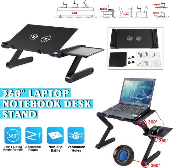 Laptoptafel verstelbaar – Laptopstandaard bedtafel – Met muismat – Voor 11-17 inch laptops – Zwart-Notebookstandaard-Ilumina Benelux