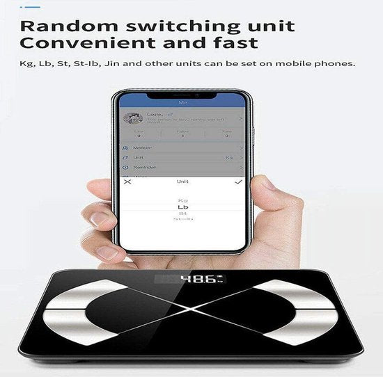 Lichaamsvetweegschaal – Bluetooth App – BMI & 10 Metingen – iOS & Android – USB of Batterij – LCD – 180kg – Zwart-Personenweegschaal-Ilumina Benelux