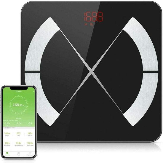 Lichaamsvetweegschaal – Bluetooth App – BMI & 10 Metingen – iOS & Android – USB of Batterij – LCD – 180kg – Zwart-Personenweegschaal-Ilumina Benelux