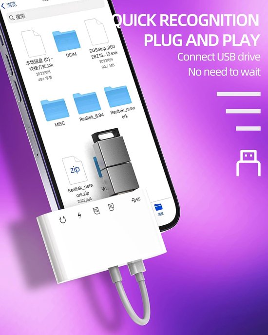 Lightning adapter – Geschikt voor iPhone & iPad – 5-in-1 OTG hub met SD/TF kaartlezer, USB, 3,5mm audio & opladen – Wit-Ilumina Benelux