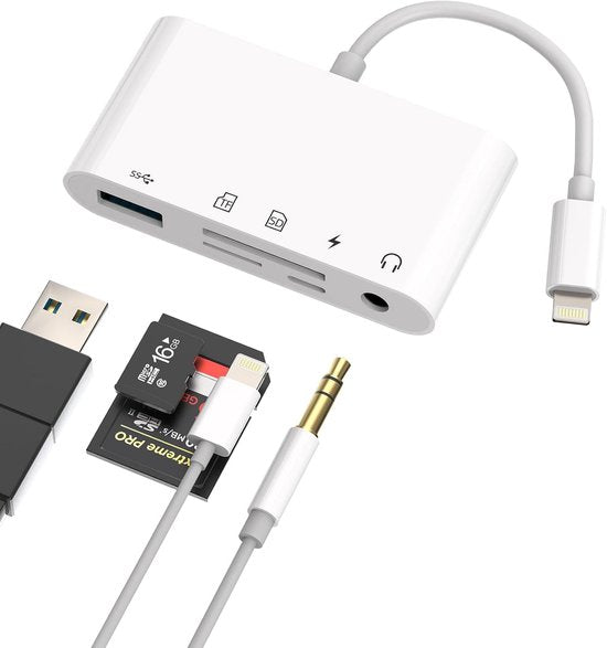 Lightning adapter – Geschikt voor iPhone & iPad – 5-in-1 OTG hub met SD/TF kaartlezer, USB, 3,5mm audio & opladen – Wit-Ilumina Benelux