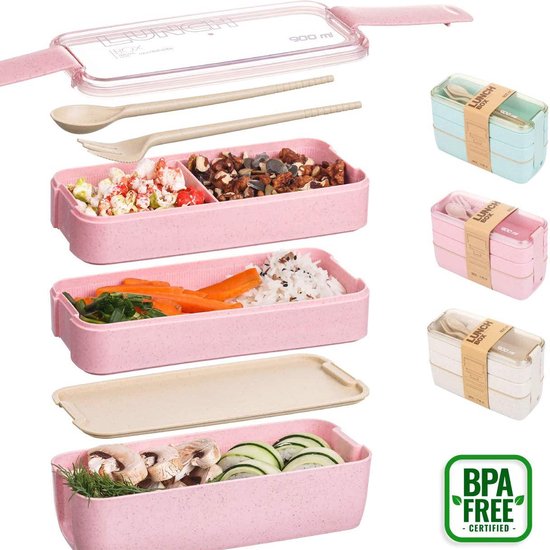 Lunchbox meal prep – Bento box met deksel – Lunchtrommel met bestek – Herbruikbaar – Beige-Lunchbox-Ilumina Benelux