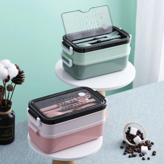 Lunchbox meal prep – Bento box met deksel – Lunchtrommel met bestek – Herbruikbaar – Groen-Lunchbox-Ilumina Benelux