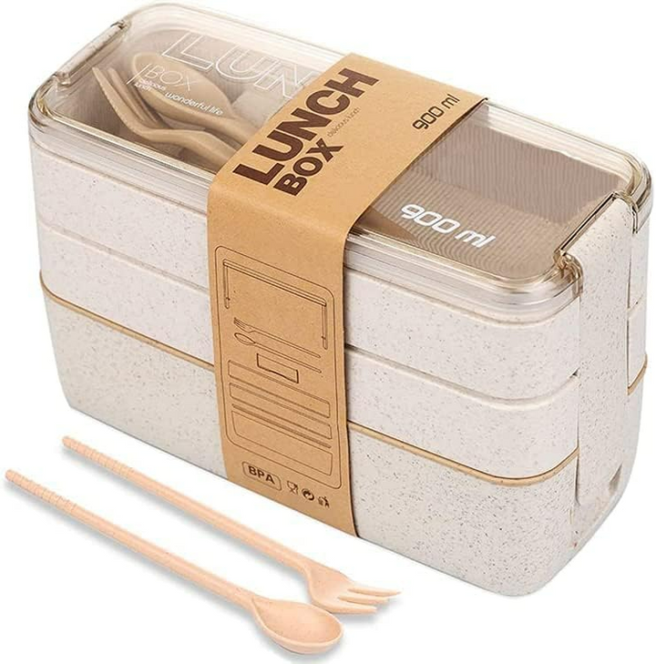 Lunchbox met bestek set – Bento box 3 compartimenten – Stapelbare voedselbewaardoos voor kinderen – Beige-Lunchbox-Ilumina Benelux