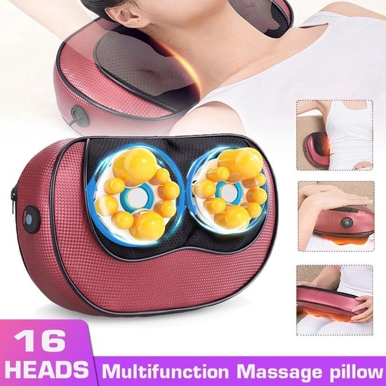 Massagekussen nek & rug – Elektrische shiatsu massager met warmte – 16 massagekoppen – Diepe weefselmassage – Zwart-Massageapparaat-Ilumina Benelux