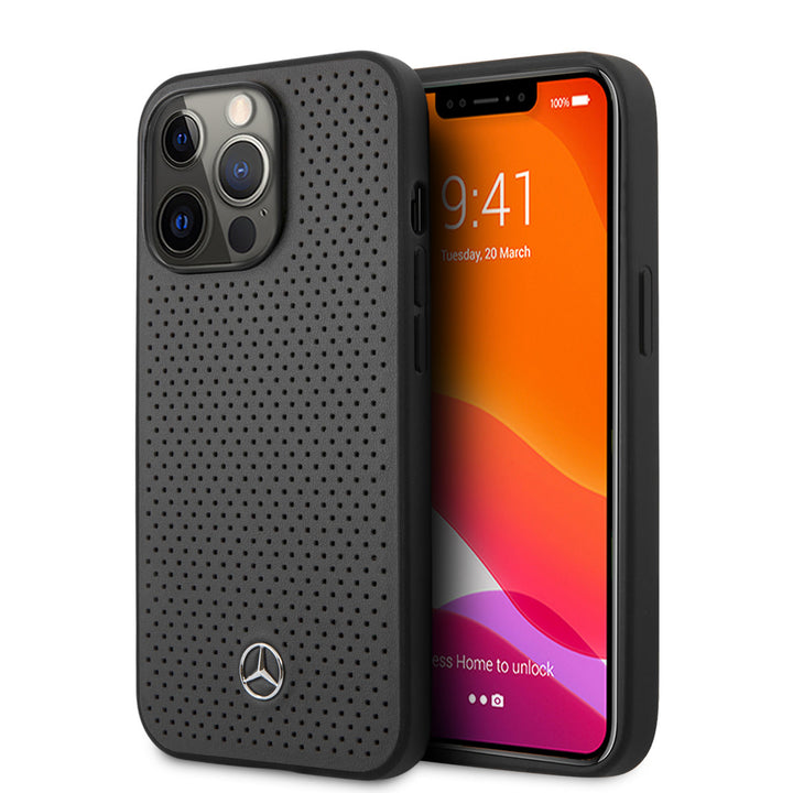 Mercedes-Benz iPhone 13 Pro Backcover hoesje - Genuine Leather - Perforated - Grijs-Hoesjes-Ilumina Benelux
