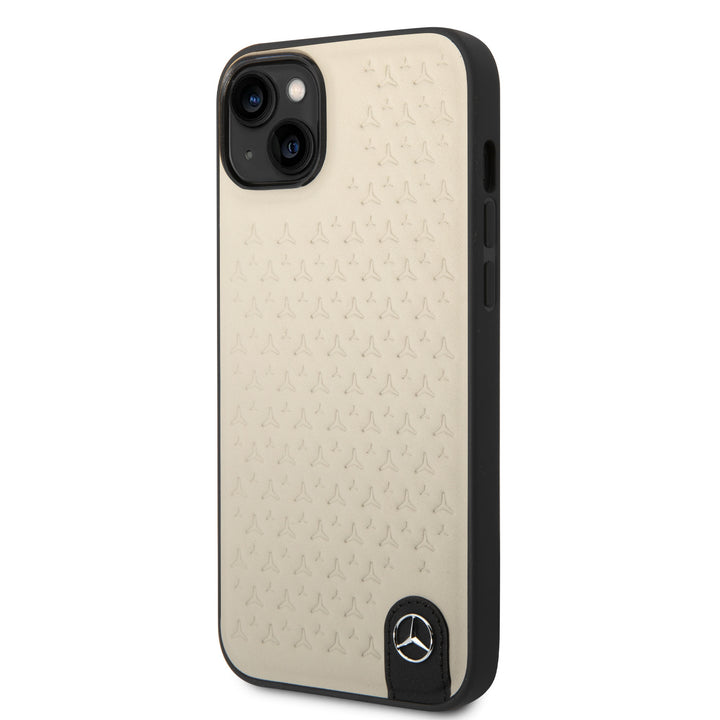 Mercedes-Benz iPhone 14 & 15 Plus Hardcase Backcover - Genuine Leather - Star Pattern - Beige-Hoesjes-Ilumina Benelux