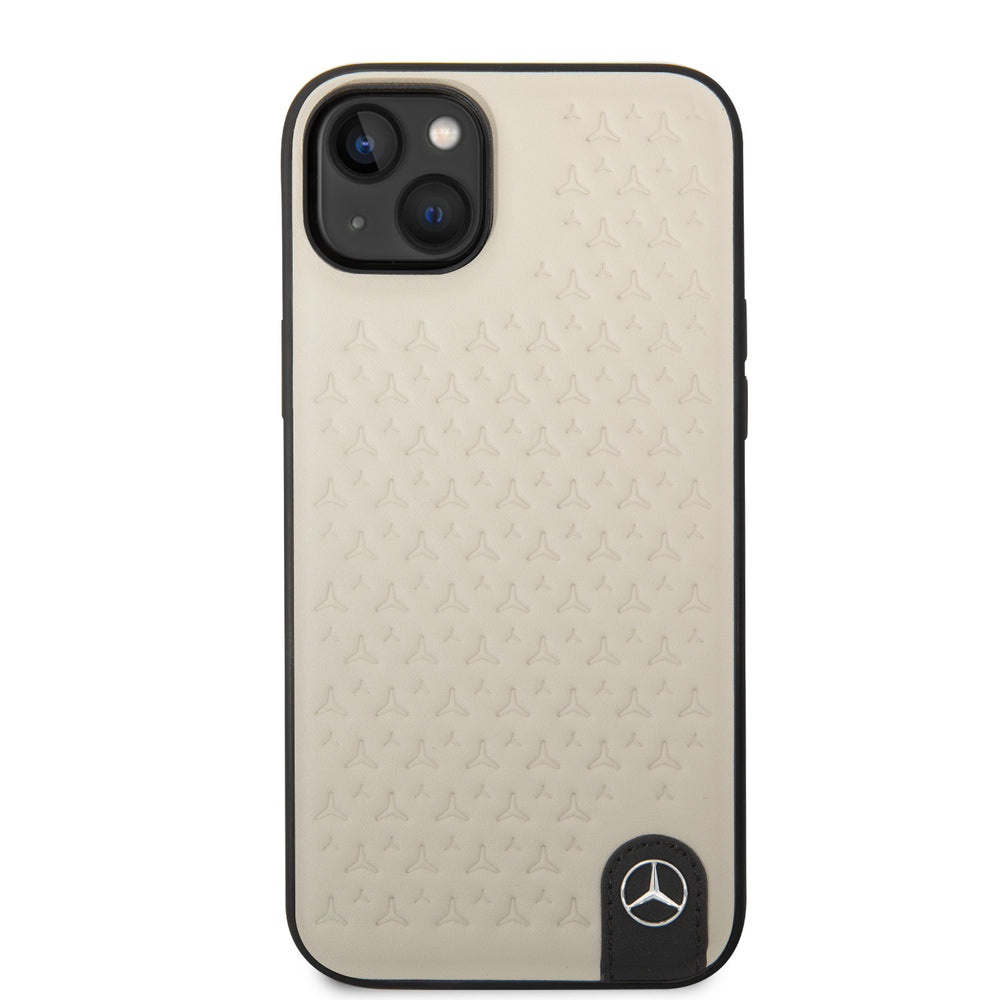 Mercedes-Benz iPhone 14 & 15 Plus Hardcase Backcover - Genuine Leather - Star Pattern - Beige-Hoesjes-Ilumina Benelux
