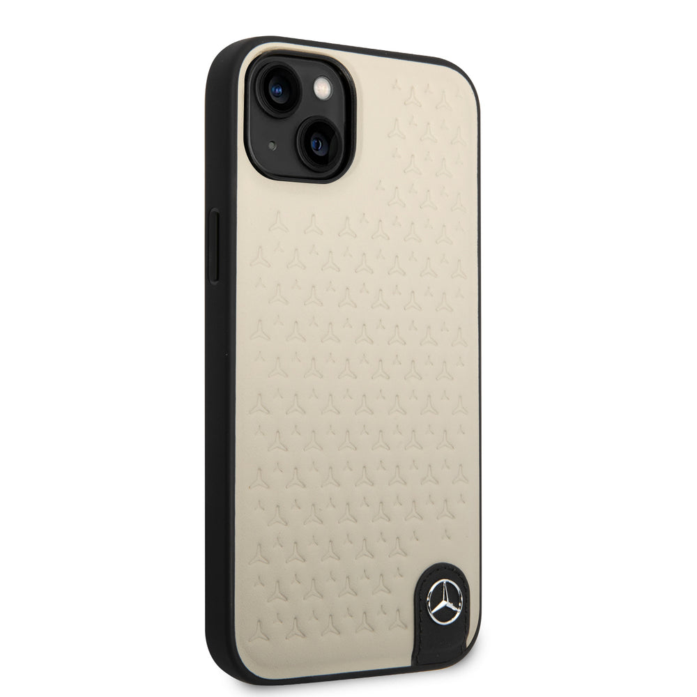 Mercedes-Benz iPhone 14 & 15 Plus Hardcase Backcover - Genuine Leather - Star Pattern - Beige-Hoesjes-Ilumina Benelux