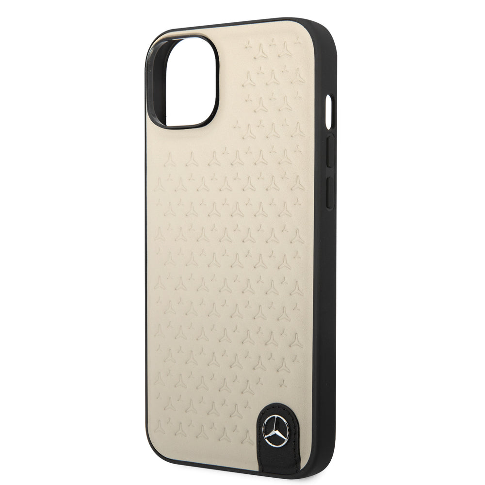 Mercedes-Benz iPhone 14 & 15 Plus Hardcase Backcover - Genuine Leather - Star Pattern - Beige-Hoesjes-Ilumina Benelux