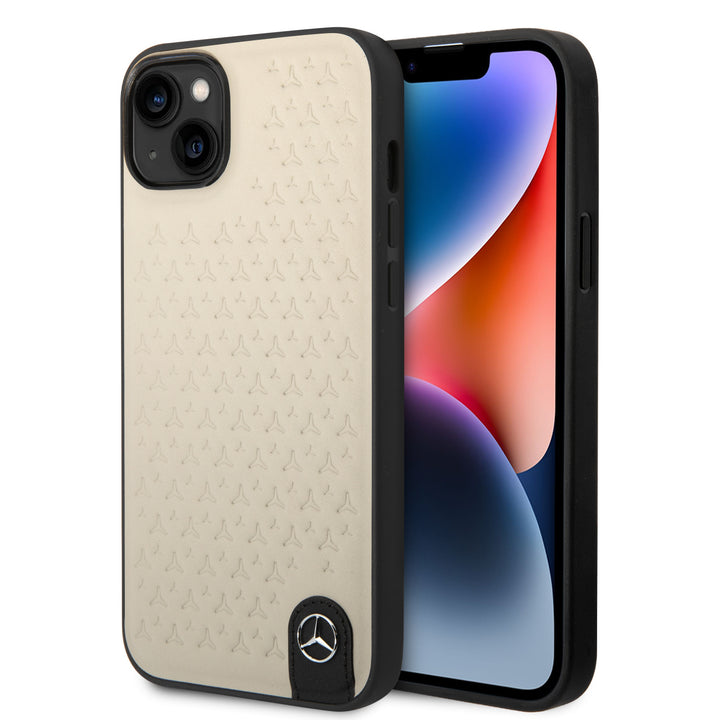 Mercedes-Benz iPhone 14 & 15 Plus Hardcase Backcover - Genuine Leather - Star Pattern - Beige-Hoesjes-Ilumina Benelux