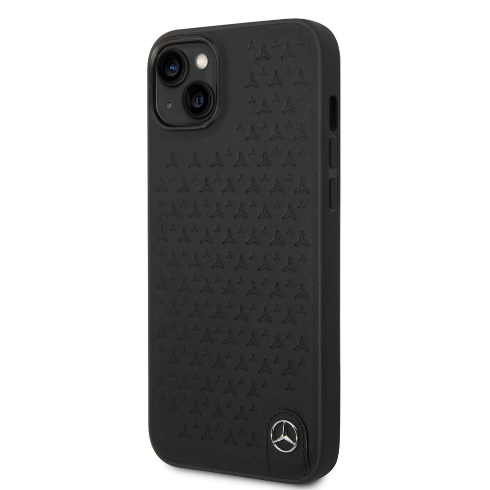 Mercedes-Benz iPhone 14 & 15 Plus Hardcase Backcover - Genuine Leather - Star Pattern - Zwart-Hoesjes-Ilumina Benelux