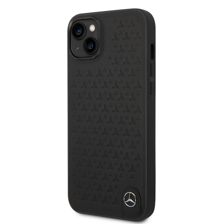 Mercedes-Benz iPhone 14 & 15 Plus Hardcase Backcover - Genuine Leather - Star Pattern - Zwart-Hoesjes-Ilumina Benelux