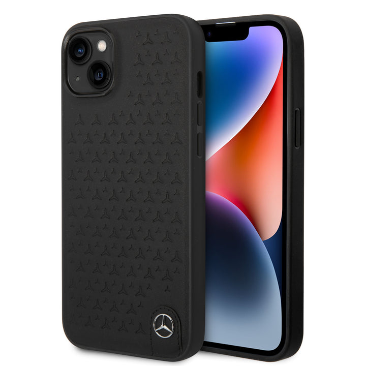 Mercedes-Benz iPhone 14 & 15 Plus Hardcase Backcover - Genuine Leather - Star Pattern - Zwart-Hoesjes-Ilumina Benelux