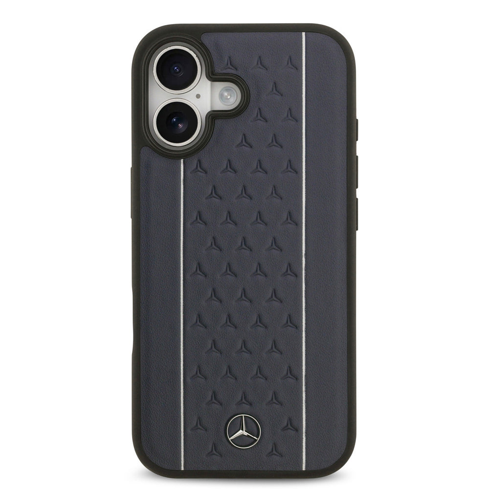 Mercedes-Benz iPhone 17 Backcover hoesje - Genuine Leather - Magsafe - Star Pattern and White Stripes - Navy-Hoesjes-Ilumina Benelux