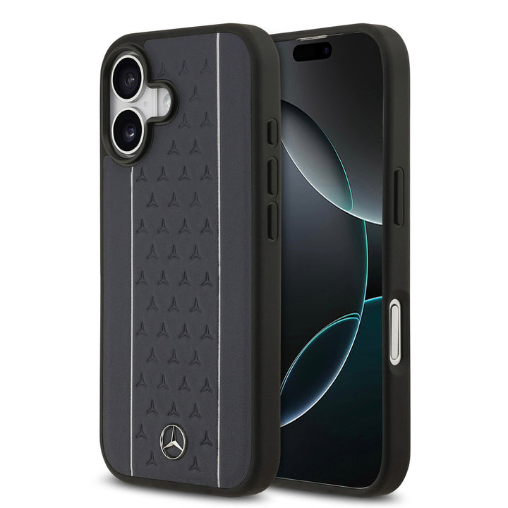 Mercedes-Benz iPhone 17 Backcover hoesje - Genuine Leather - Magsafe - Star Pattern and White Stripes - Navy-Hoesjes-Ilumina Benelux