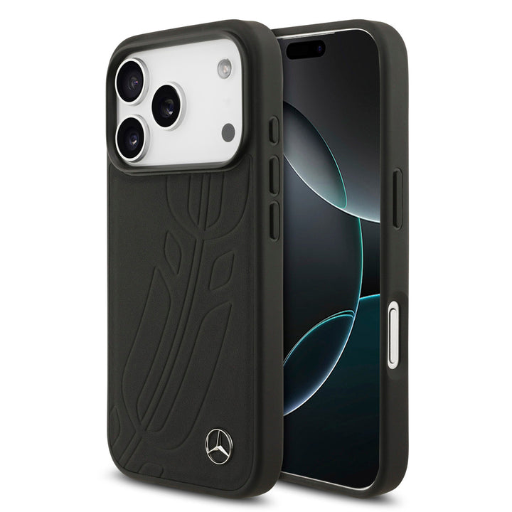 Mercedes-Benz iPhone 17 Pro Backcover hoesje - Genuine Leather - Magsafe - Large Laurel Leave - Zwart-Hoesjes-Ilumina Benelux