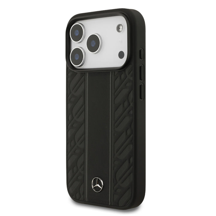 Mercedes-Benz iPhone 17 Pro Backcover hoesje - Genuine Leather - Magsafe - Laurel Leaves and Stripes - Zwart-Hoesjes-Ilumina Benelux