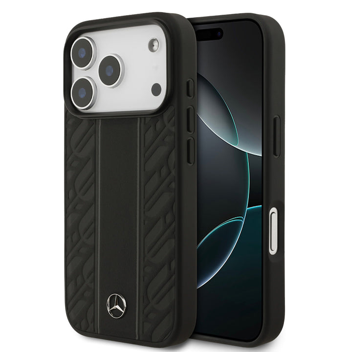 Mercedes-Benz iPhone 17 Pro Backcover hoesje - Genuine Leather - Magsafe - Laurel Leaves and Stripes - Zwart-Hoesjes-Ilumina Benelux