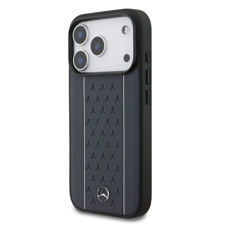 Mercedes-Benz iPhone 17 Pro Backcover hoesje - Genuine Leather - Magsafe - Star Pattern and White Stripes - Navy-Hoesjes-Ilumina Benelux