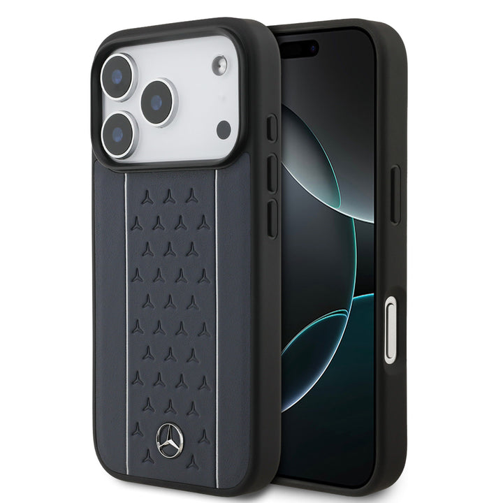 Mercedes-Benz iPhone 17 Pro Backcover hoesje - Genuine Leather - Magsafe - Star Pattern and White Stripes - Navy-Hoesjes-Ilumina Benelux