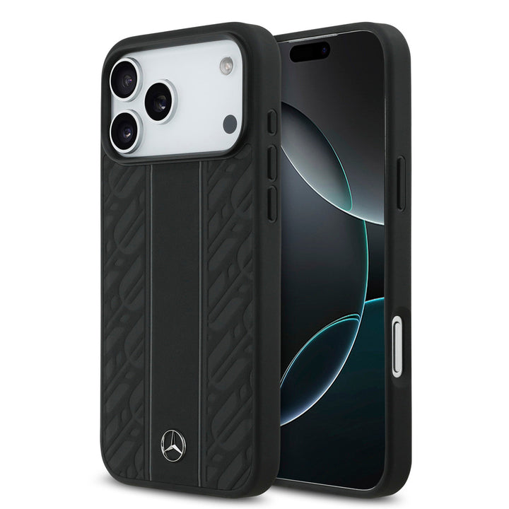 Mercedes-Benz iPhone 17 Pro Max Backcover hoesje - Genuine Leather - Magsafe - Laurel Leaves and Stripes - Zwart-Hoesjes-Ilumina Benelux