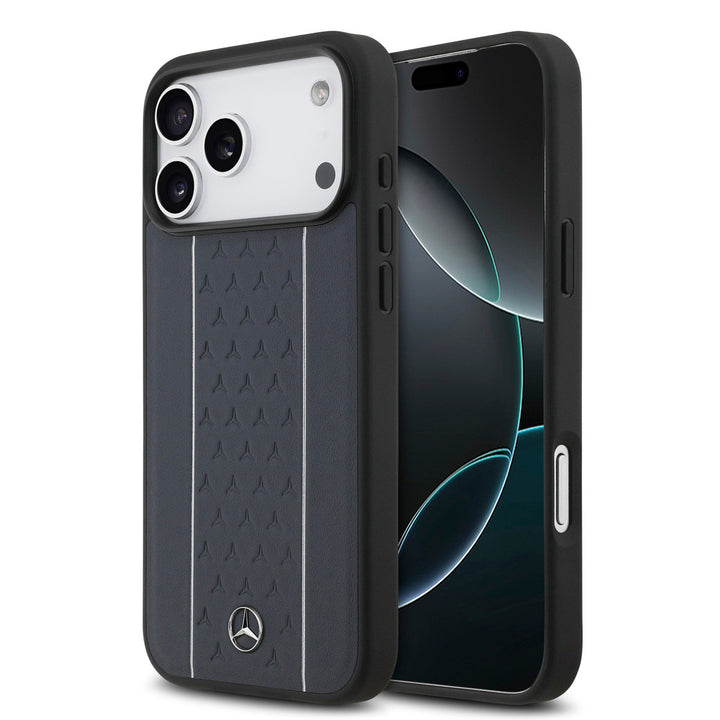 Mercedes-Benz iPhone 17 Pro Max Backcover hoesje - Genuine Leather - Magsafe - Star Pattern and White Stripes - Navy-Hoesjes-Ilumina Benelux
