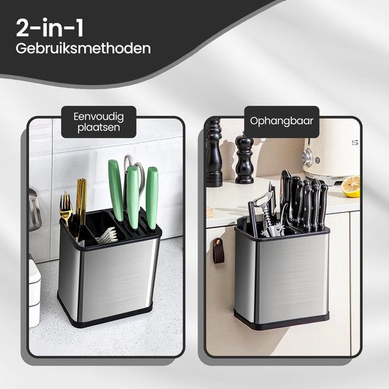 Messenrek – Keukenrek zonder boren – Ophangbare keuken organizer voor messen & bestek – Zelfklevend wandrek – Zwart-Leeg messenblok-Ilumina Benelux