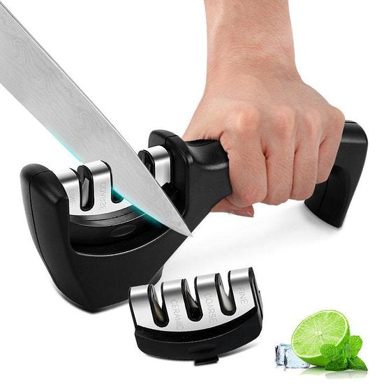 Messenslijper 3-in-1 – Voor messen & scharen – Keramiek & RVS – Ergonomisch anti-slip – Zwart-Messenslijper-Ilumina Benelux