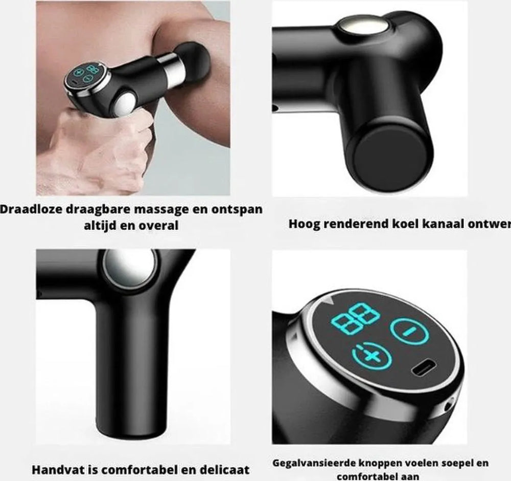Mini massage gun gezicht – Professioneel facial gun – 4 opzetstukken – Oplaadbaar 32 standen – 2000 mAh – Zwart-Massage-accessoire-Ilumina Benelux