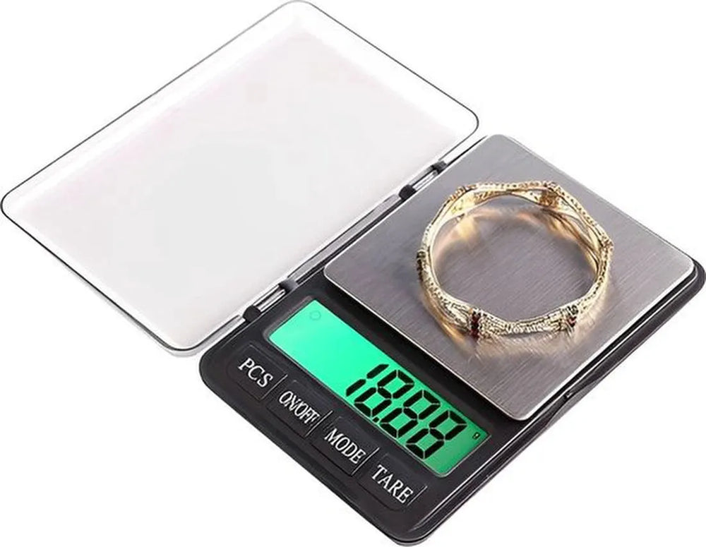 Mini zakweegschaal – Digitale precisieweegschaal 0,01g-200g – Voor sieraden & keuken – Met deksel en batterijen – Zwart-Personenweegschaal-Ilumina Benelux