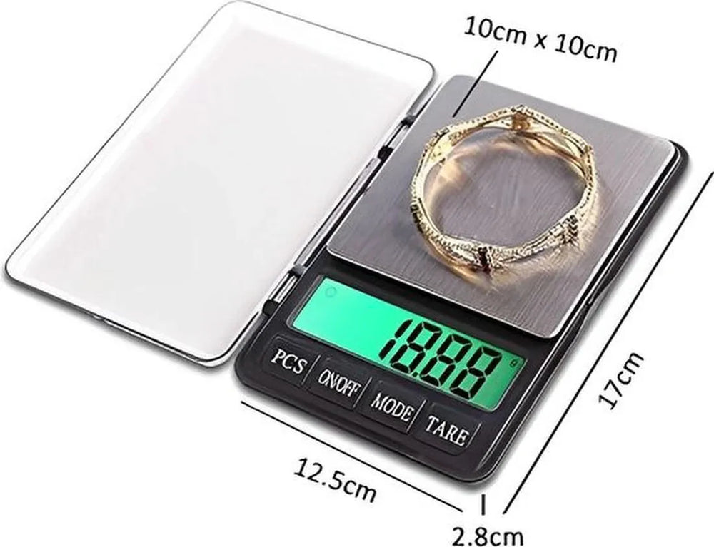 Mini zakweegschaal – Digitale precisieweegschaal 0,01g-200g – Voor sieraden & keuken – Met deksel en batterijen – Zwart-Personenweegschaal-Ilumina Benelux