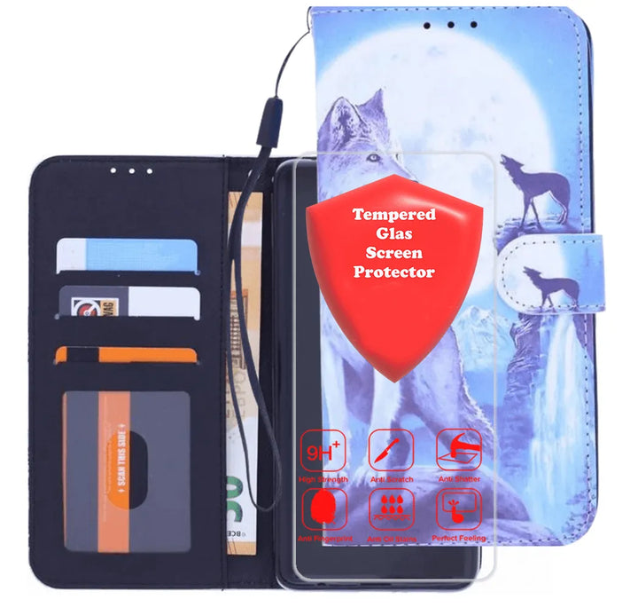 Motorola Moto G9 Play Hoesjes – Bookcase met Wolf Print – Magneetsluiting – 2x Screenprotector – Zwart-Ilumina Benelux