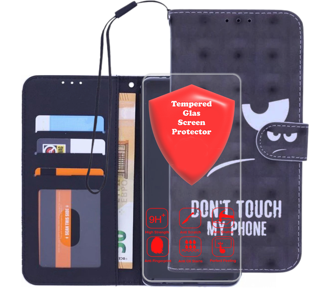 Bookcase Geschikt voor: Samsung Galaxy A22 4G hoesje met print - Don't Touch My Phone 3D met 2x Glas Screenprotector