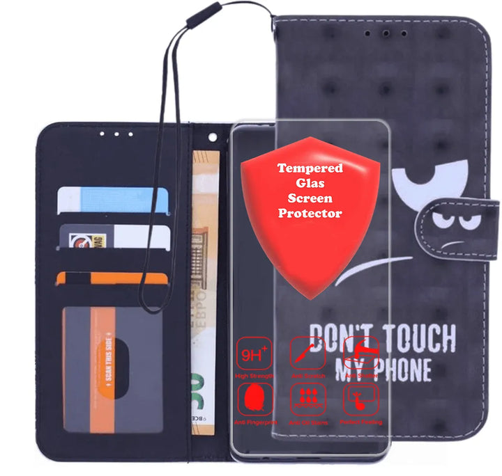 Samsung Galaxy A22 4G Hoesjes – Bookcase – Don't Touch My Phone 3D Print – 2x Gehard Glas Screenprotector – Zwart-Ilumina Benelux