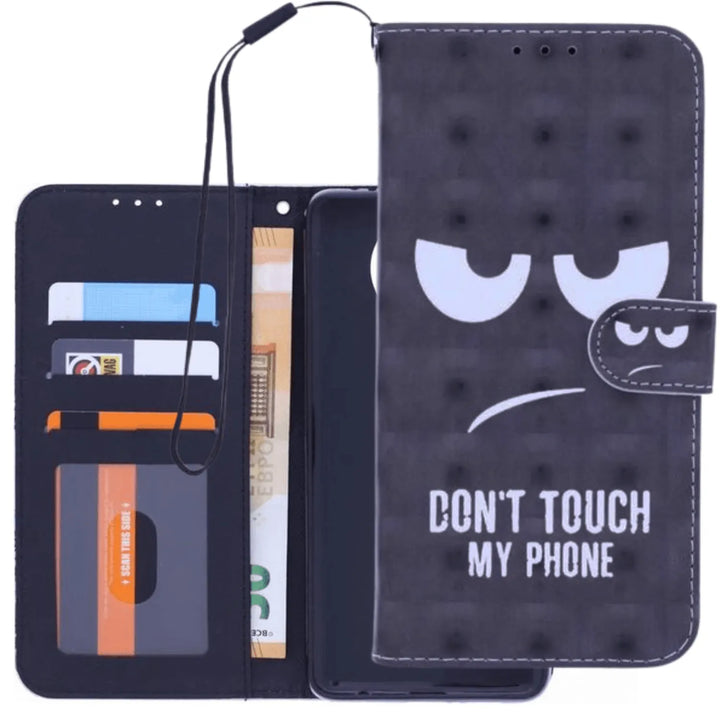 Hoesjes – Bookcase – Don't Touch My Phone 3D Print – 2x Gehard Glas Screenprotector – Zwart-Ilumina Benelux
