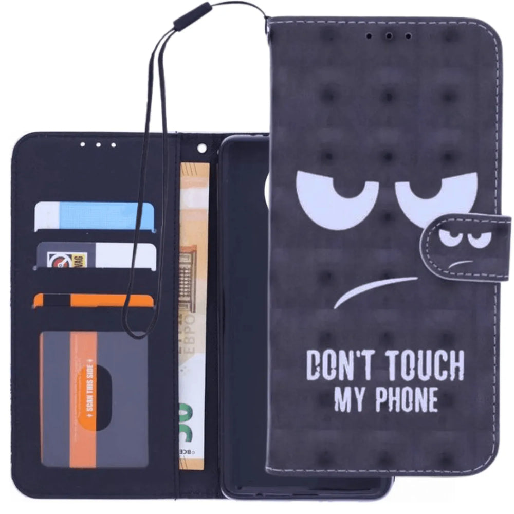 Hoesjes – Bookcase – Don't Touch My Phone 3D Print – 2x Gehard Glas Screenprotector – Zwart-Ilumina Benelux