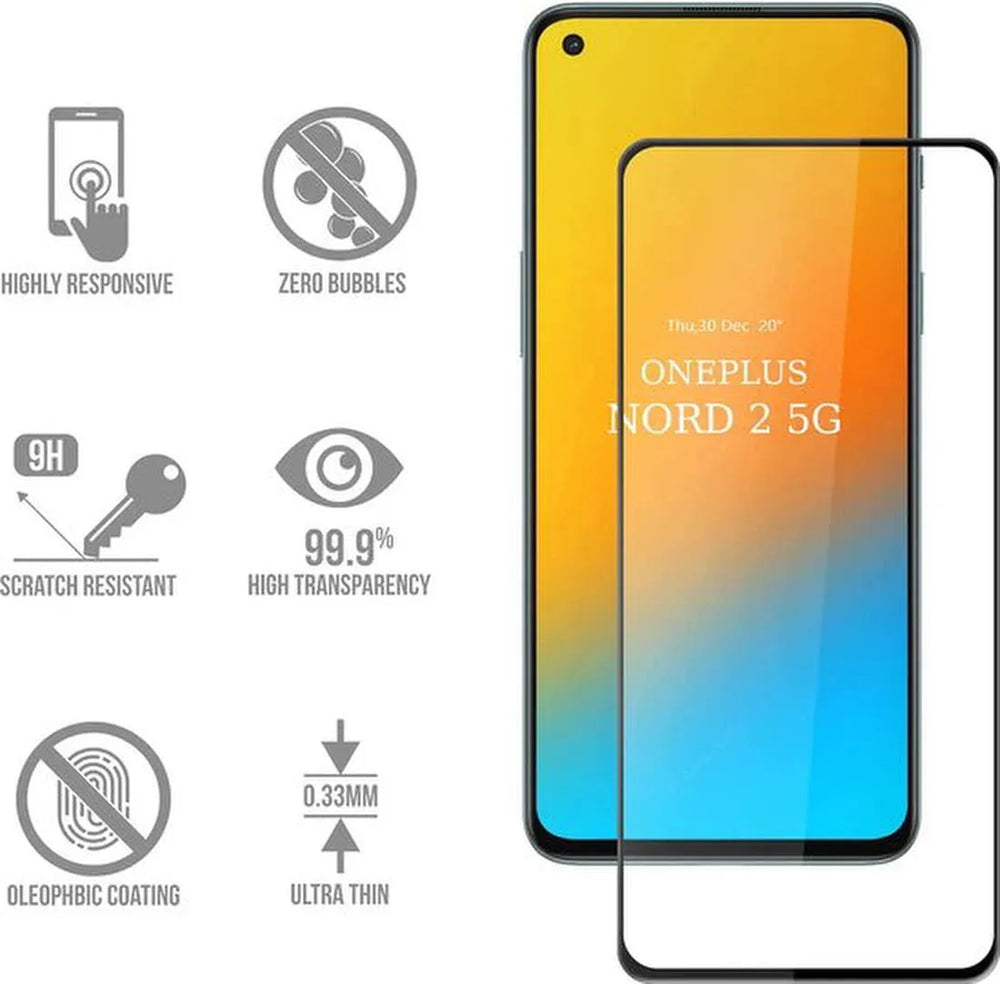 OnePlus Nord 2 5G Screenprotector Full Cover Screenprotector Gehard 9H – 1-Pack-Ilumina Benelux