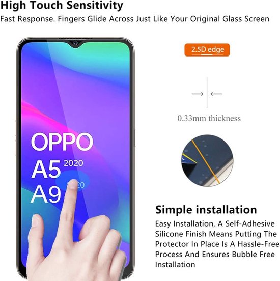 Oppo A5 / A9 2020 Screenprotector Full Cover Screenprotector Gehard 9H – Anti-kras – Tempered Glas – 3-Pack-Ilumina Benelux