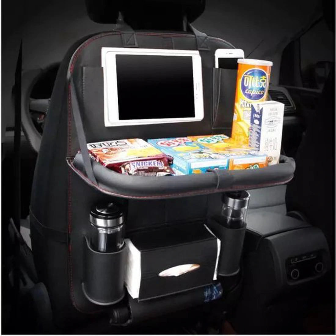 Autostoel organizer – Carseat organiser met tablethouder – Auto tafeltje – Bekerhouder – Tissue & paraplu houder – Zwart